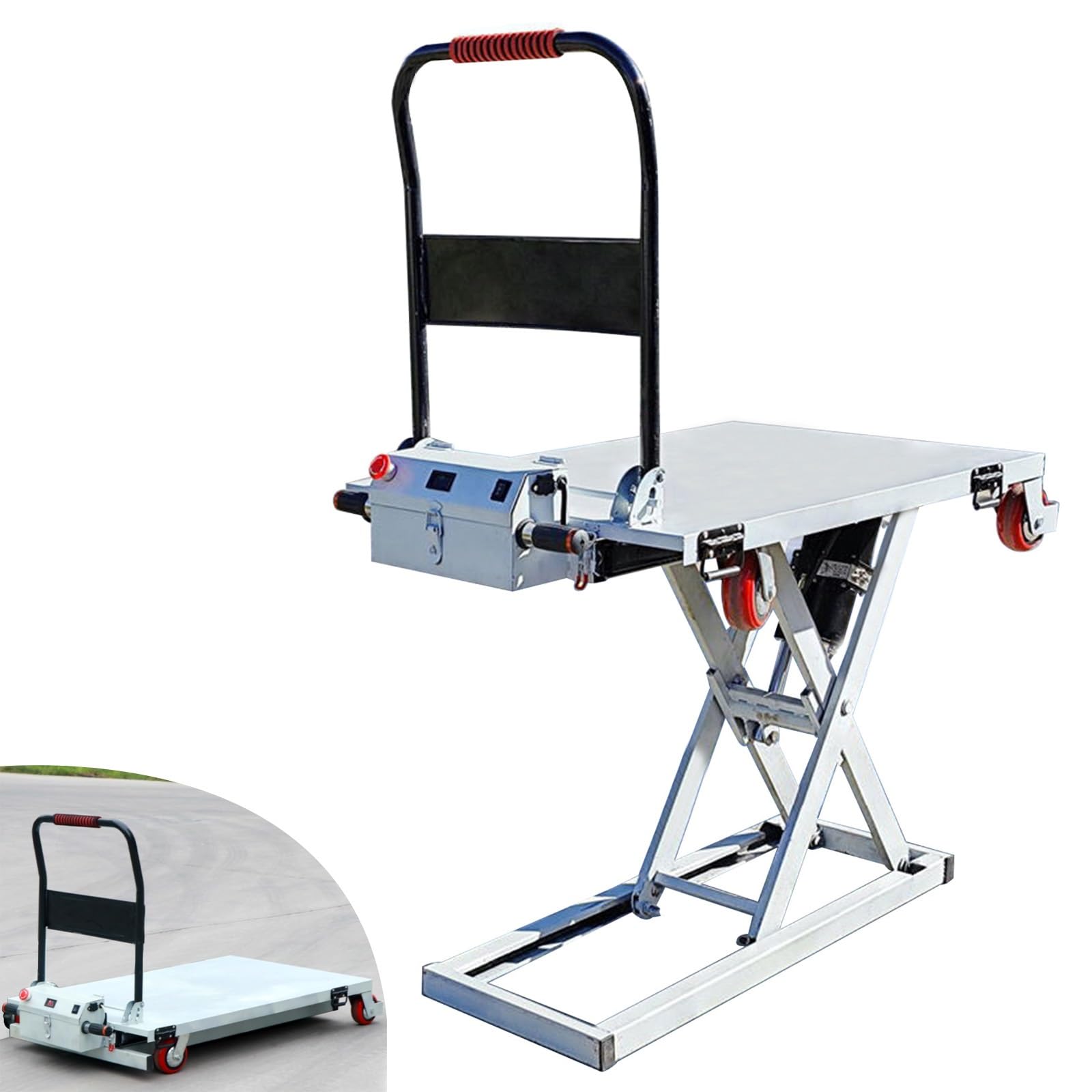 Carrello elevatore a Forbice elettroidraulico - Portata 300 kg con 4 Ruote per Magazzino, transpallet e movimentazione Materiali, Acciaio Inossidabile, 115x75 cm (Carbon Steel 155x75cm)