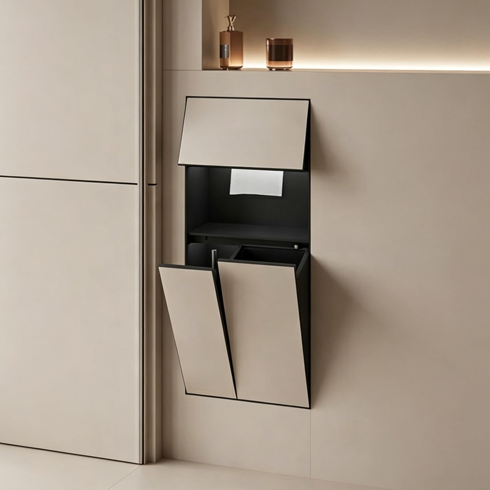 MESCXTY 4-in-1 Recessed Wall Niche, 304 SS Tissue Holder, Trash Bin & Toilet Brush Set