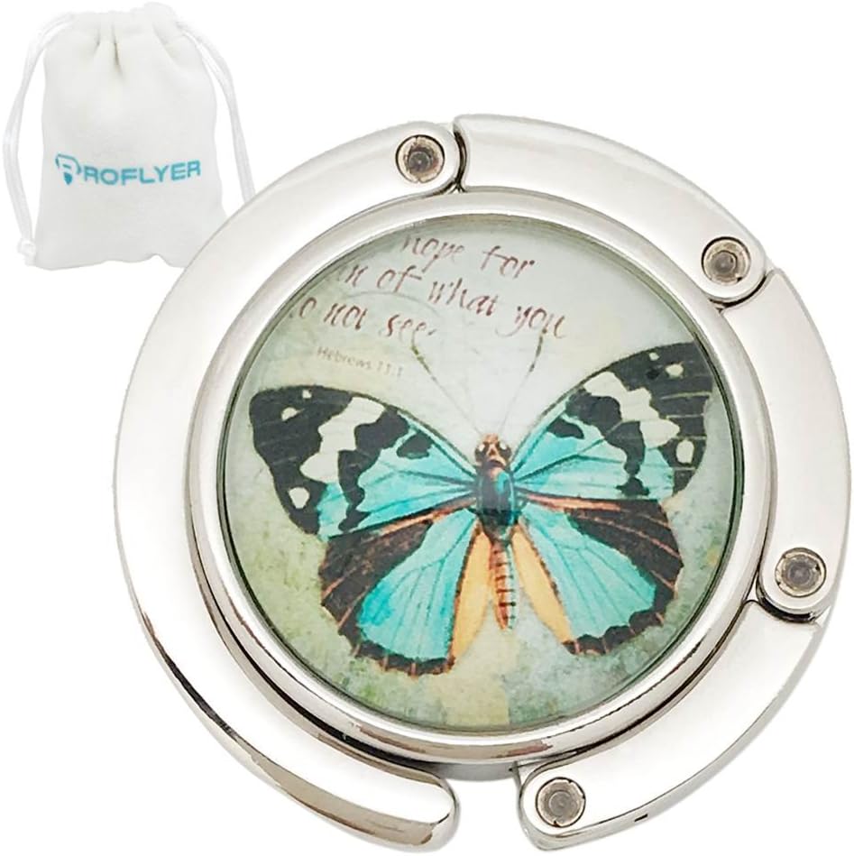 Royceflyer ROFLYER Round Purse Hook - Foldable Handbag Hanger Safer Cleaner Bag, Fold Up Folding Table Hanger, with Velvet Pouch (Butterfly)