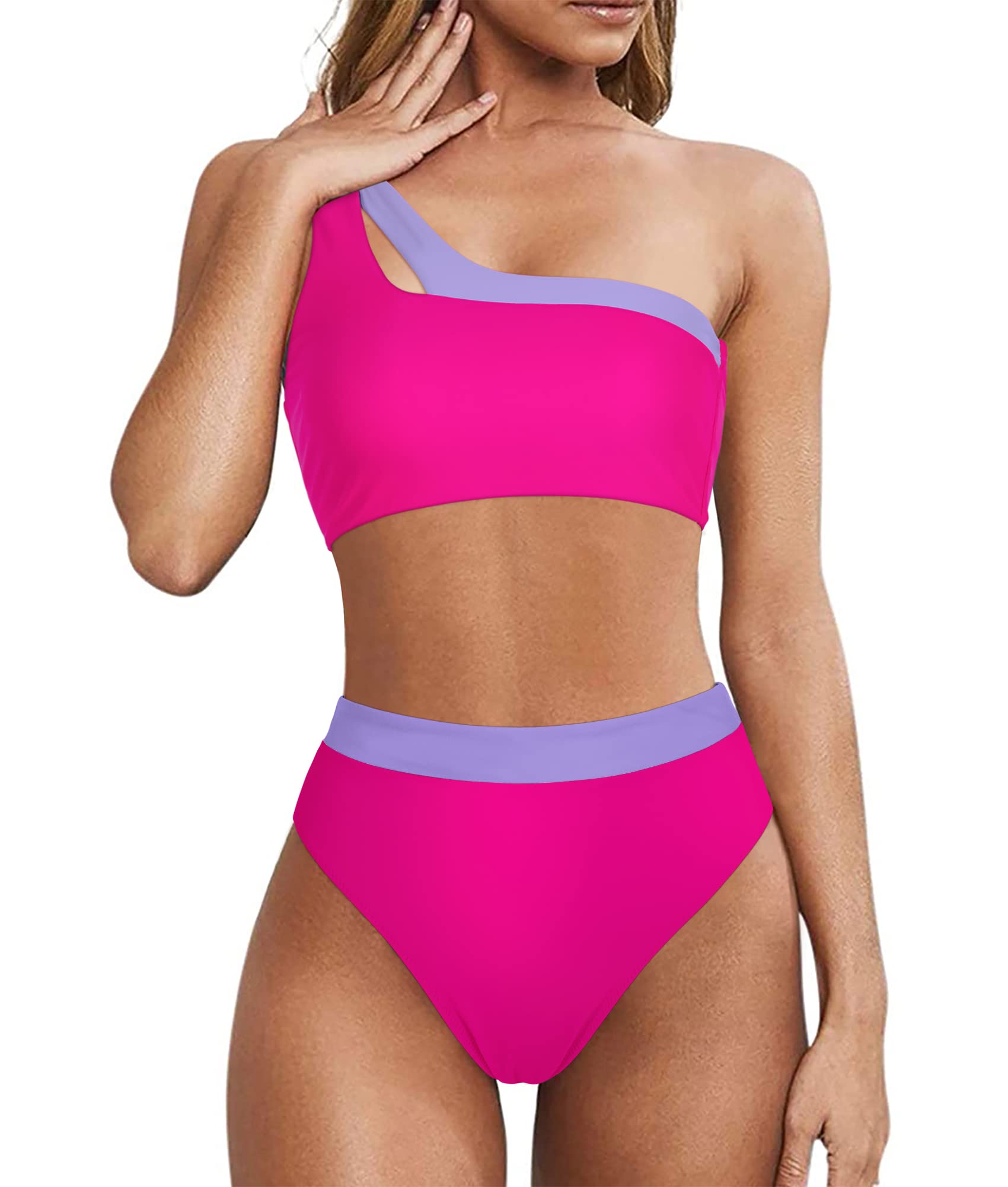 MOOSLOVER Women Cutout One Shoulder High Waisted Bikini High Cut Two Piece Swimsuits(L,Purple Rose-17)