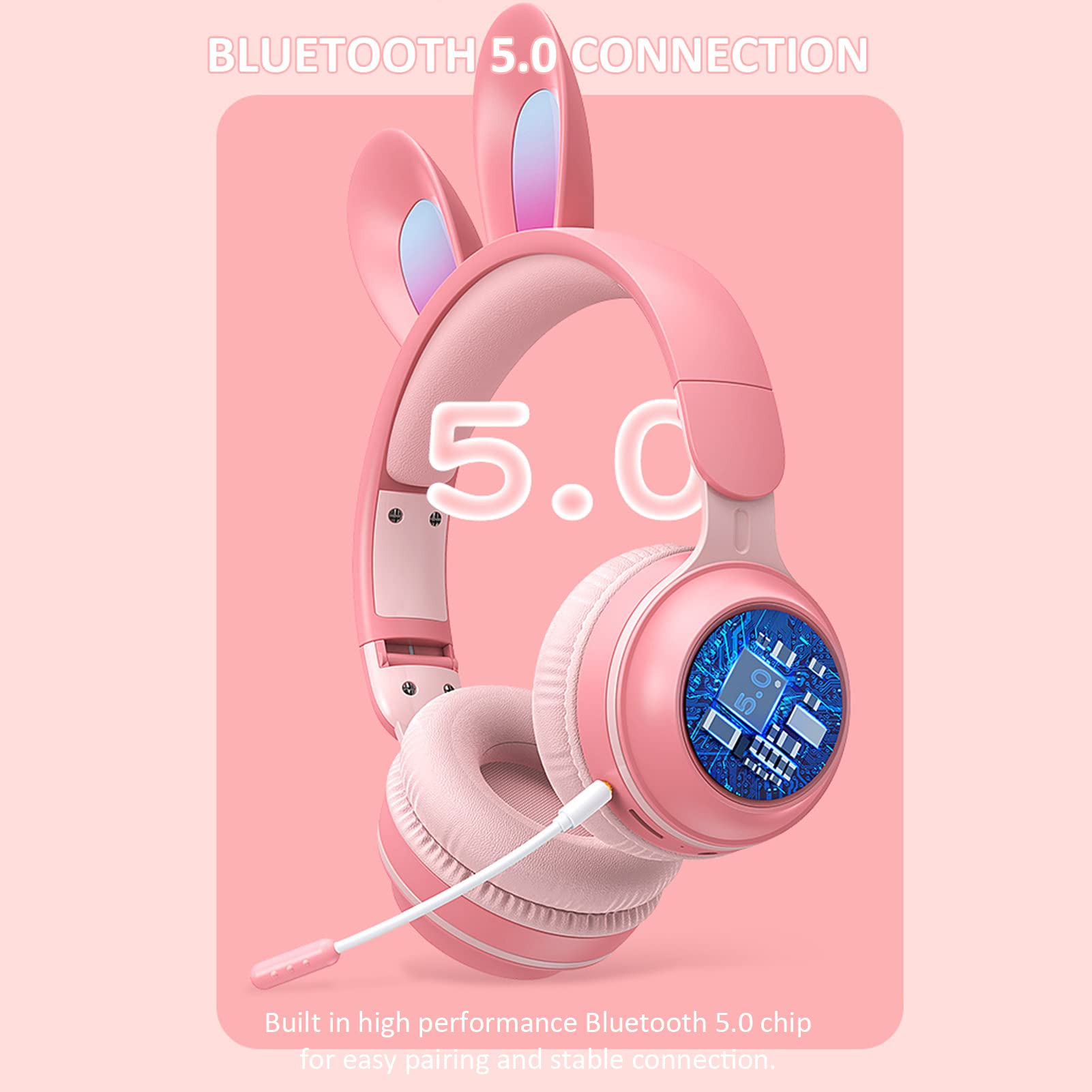 Auriculares para Niños, Auriculares Bluetooth 5.0 con Oreja de Conejo, Auriculares Inalámbricos Plegables con Luz LED sobre la Oreja, Soporte TF/AUX, Regalos para Niños, Niños Pequeños,(Rosado)