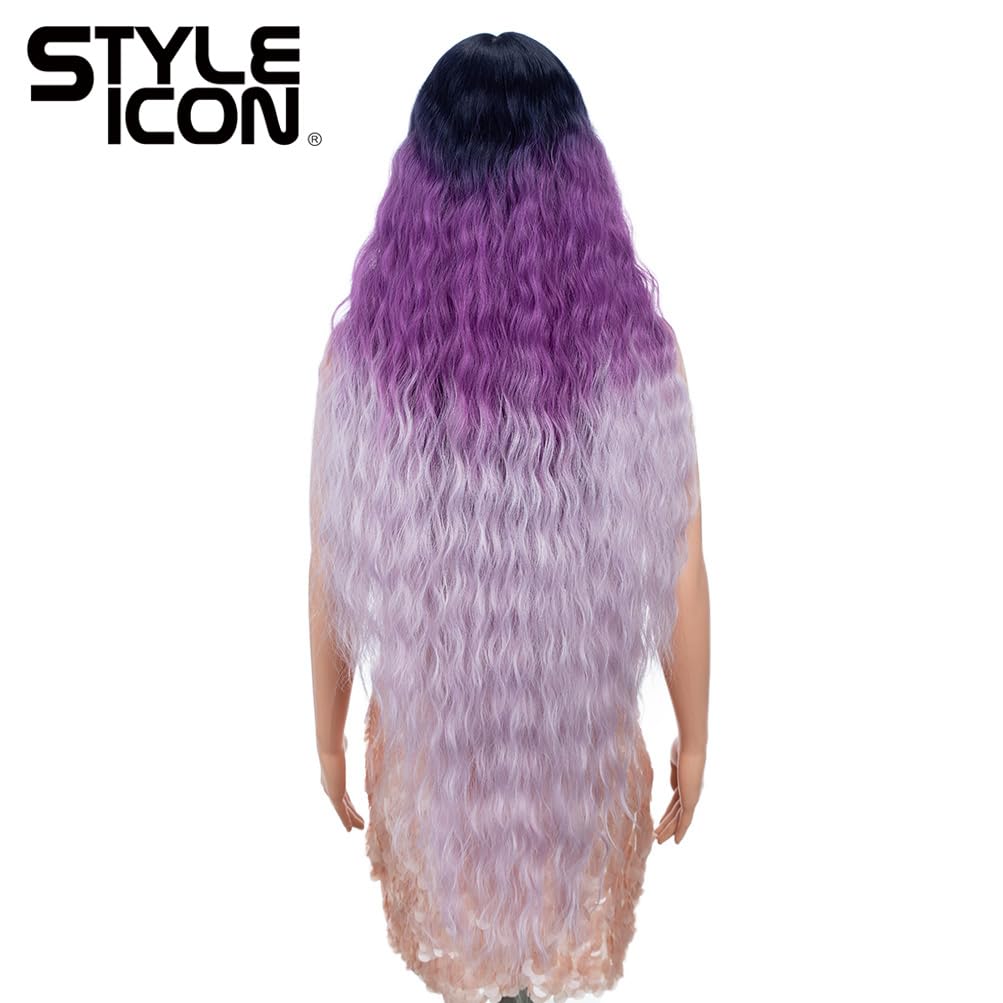 Style Icon 41" Ombre Purple Lace Front Wigs Long Wavy Synthetic Wigs with Baby Hair Half Hand Tied 130% Density Wigs (41", GTBV/PU/PU14)