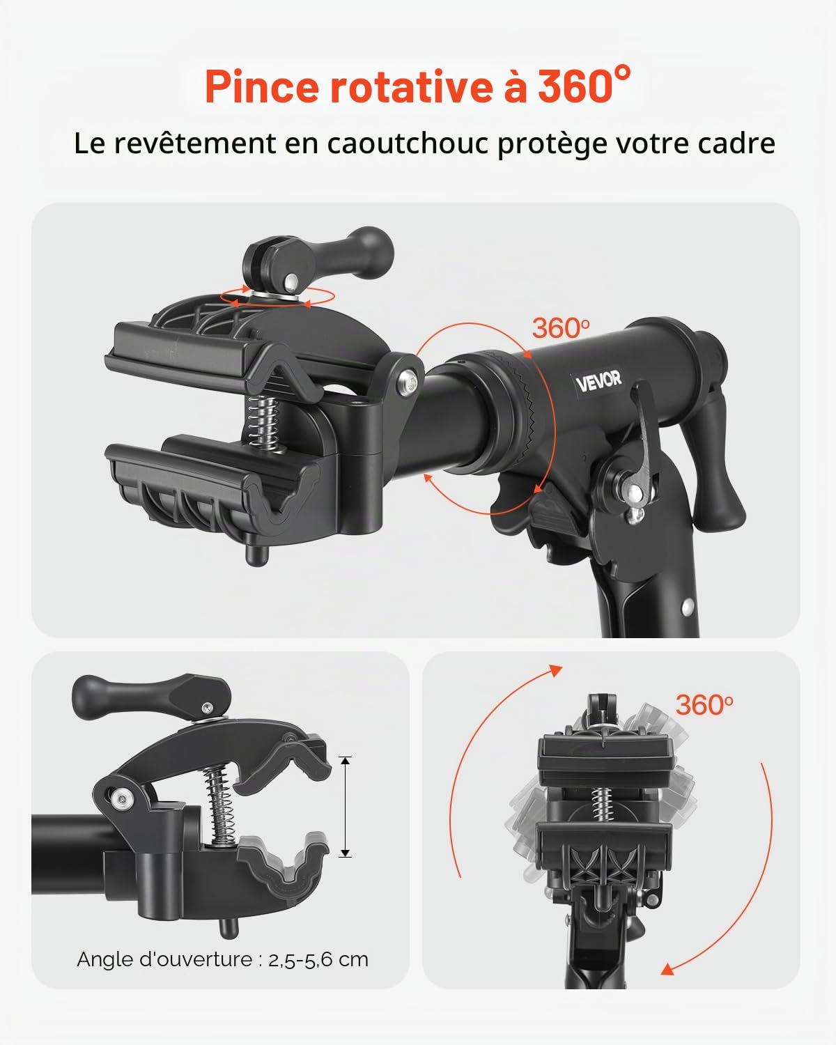 VEVOR Pied d'atelier vélo pliable, hauteur réglable 1035-1630 mm, support de réparation de vélo robuste, charge 38,56 kg, stand de bicyclettes avec plateau à outils magnétique, pour VTT et vélos route
