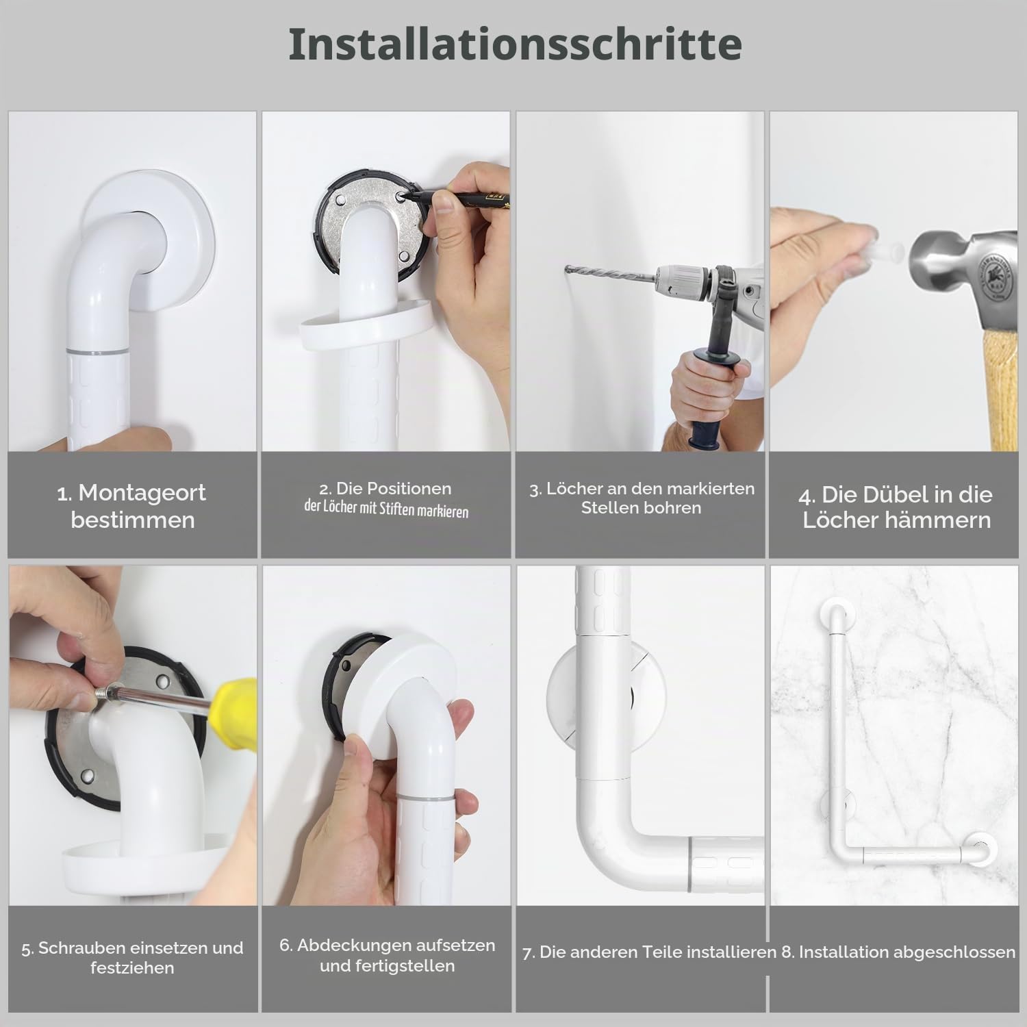 Haltegriff für Senioren, Dusche L-Form 60x40cm, WC Griff Edelstahl Weiß | Wandmontage, geeignet für Behinderte, Badewanne und Badezimmer, Duschgriffe bis 300kg Belastbar