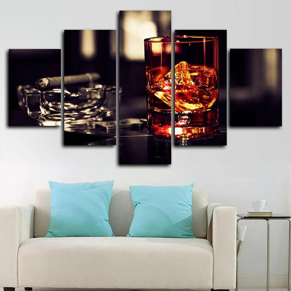 Tableau deco murale salon salon whisky et cigare en 5 parties avec cadre
