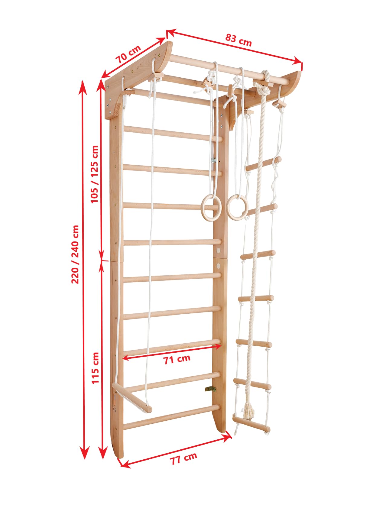 Pared De Escalada Infantil Sport-4-220 - Estructura De Madera Con Escalera Sueca, Red, Anillos Y Cuerdas, Certificada Y Segura