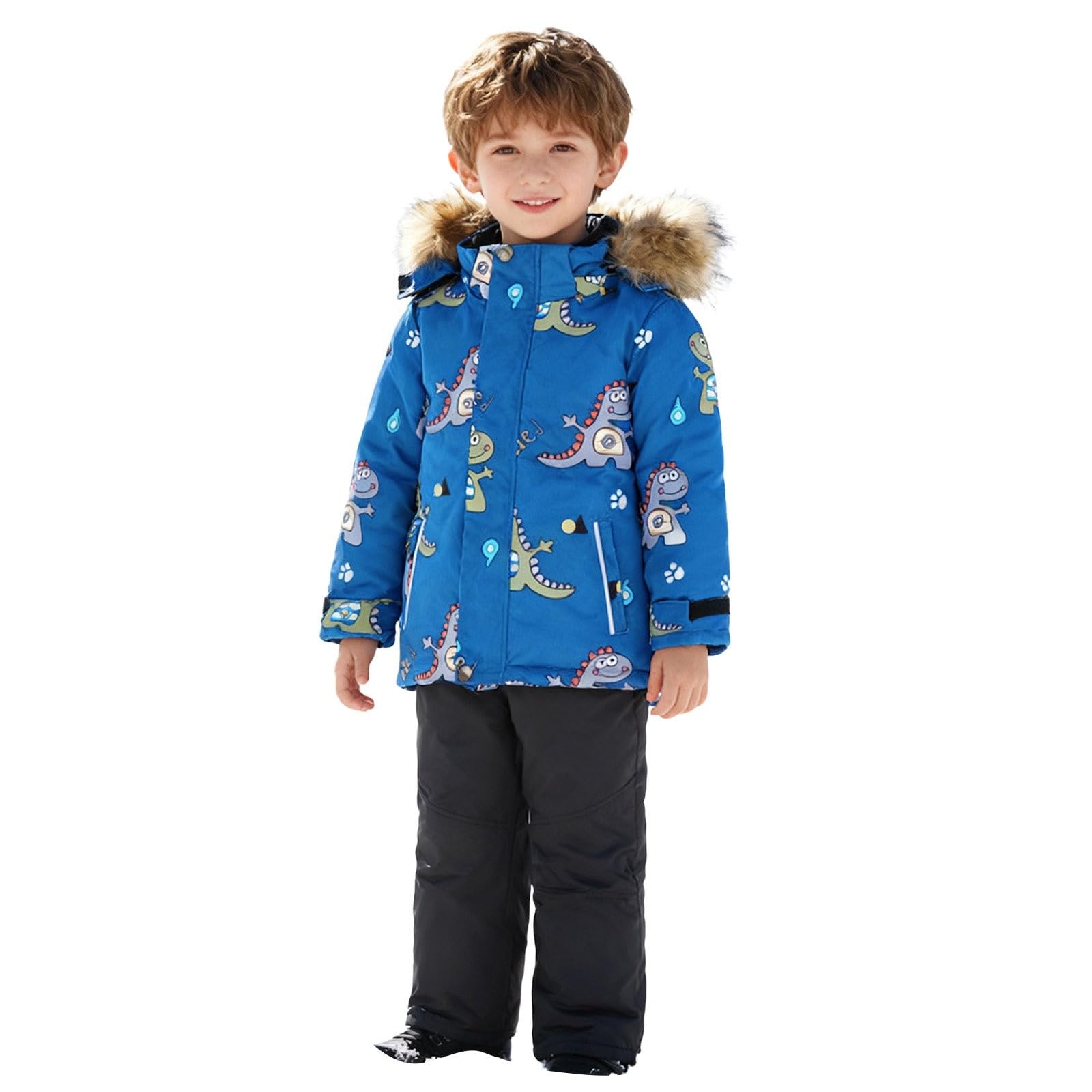 Generisch Kinder Winter Skianzug-Set, Winddicht Schneeanzug mit Kapuze, Dinosaurier Muster, Türkis-Grau, Fleece Gefüttert, Reflektierenden Streifen, für 3-10 Jahre, Winter Outdoor Sportbekleidung