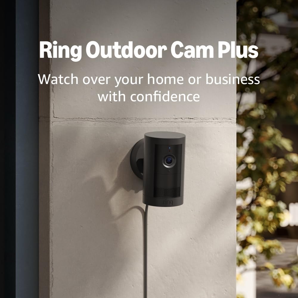 Ring Outdoor Cam Plus, Battery (newest model), Home or business security, Wide-Angle 2K Video with Ring Vision, Low-Light Sight for full-color night vision, Mount-Anywhere Versatility, 2-pack, White: Black 4 Cameras Plug-in