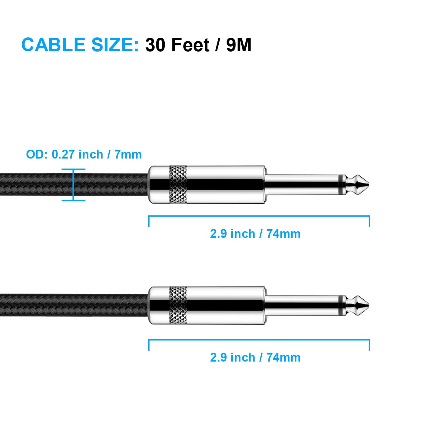 New Bee Cable de guitarra de 30 pies, cable de instrumento eléctrico, cable AMP de bajo 1/4 recto a recto para guitarra eléctrica, bajo, mandolina eléctrica, audio profesional