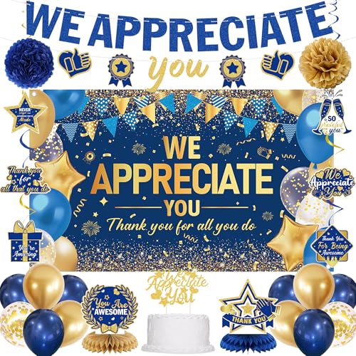 DARUNAXY We Appreciate You Decorations Blue Gold Thank You All You Do Banner Backdrop Honeycomb Hanging Swirl Confetti Balloons for Retirement Office Coworker Staff Teachers Nurse Appreciation Gifts