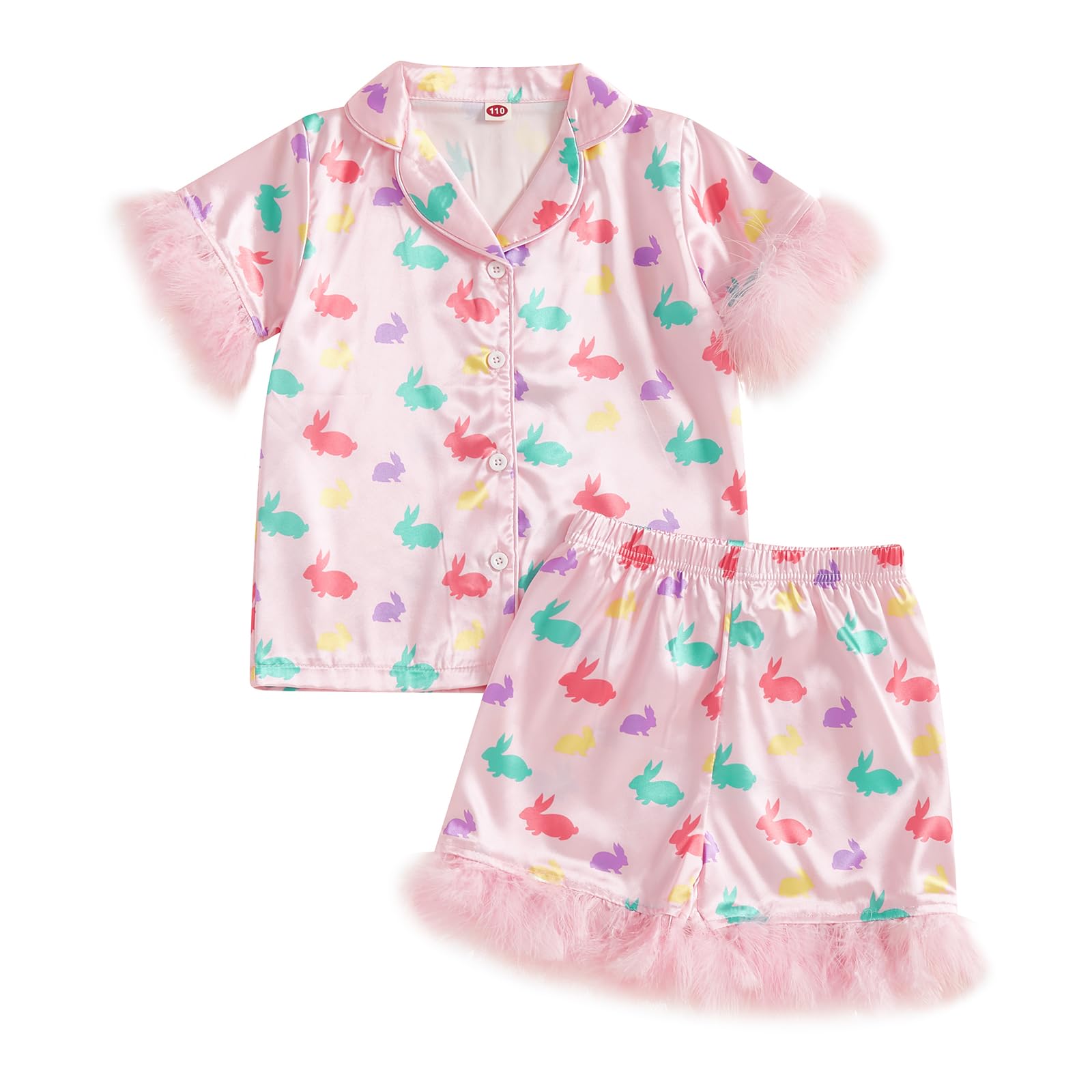 Toddler Baby Girls Summer Silk Pjs Feather Trim Short Sleeve Shirts Shorts Satin Pajama Set Pjs Sleepwear Nightgown