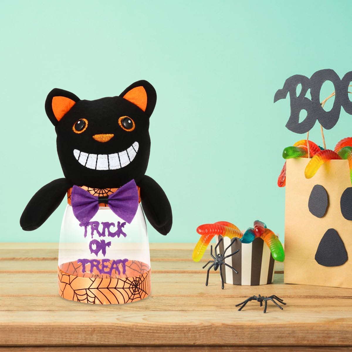 Luxshiny Halloween Cat Candy Jar Plastic Container with Lid Cute Black Cat Design Small Clear Candy Storage for Party Treats and Desk Decoration