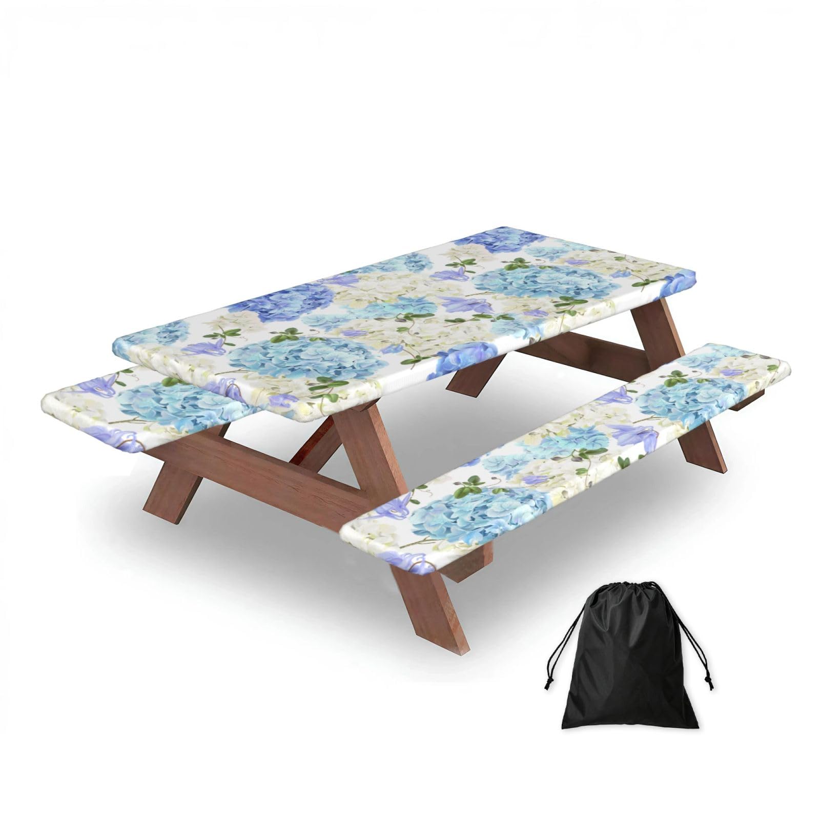 Dopklna As Picture Flowers Hydrangea White Navy Blue Gradient, Picnic Table Cover With Bench Covers -Waterproof Elastic Fitted Tablecloth For Garden Camping Patio 76X152cm