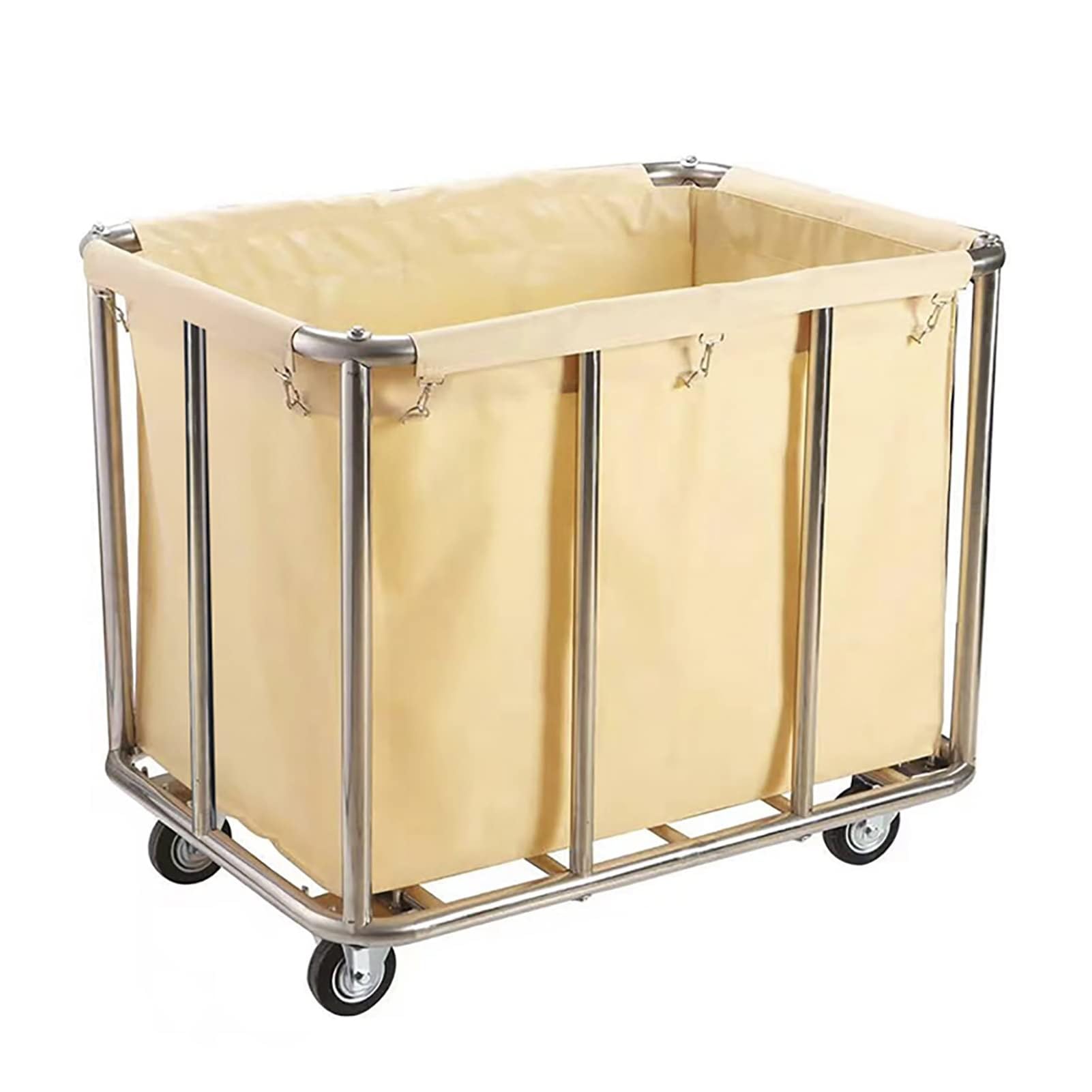 JYBNBBE Heavy Duty Laundry Trolley Cart with Removable Canvas Lining, Stainless Steel Hamper and Wheels for Home or Hotel Housekeeping,Beige-10 tubes