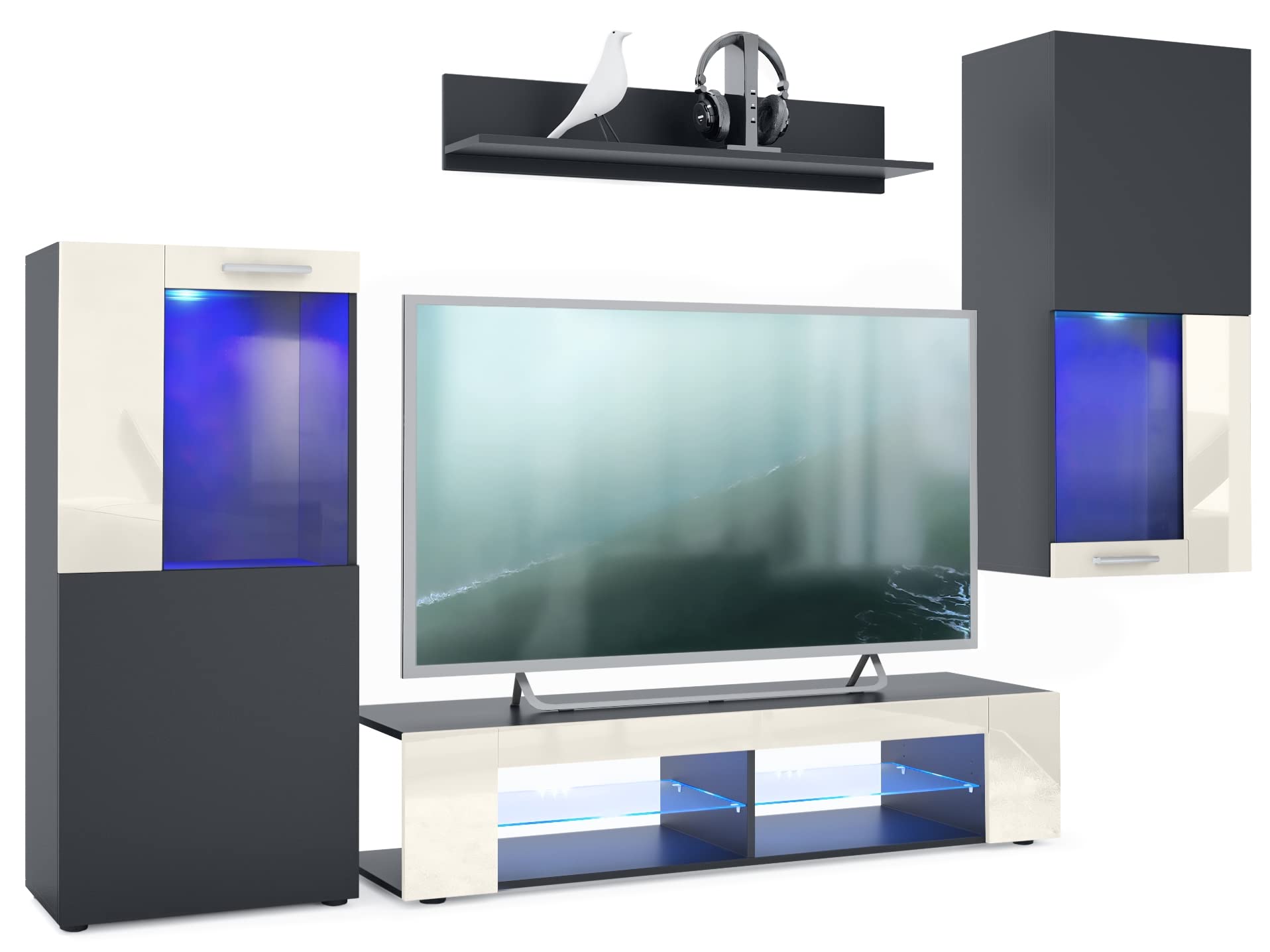 Vladon Ensemble de Salon Movie Comprenant 1 Meuble Bas TV, 2 vitrines et 1 étagère, Noir Mat/Crème Haute Brillance, (Dimensions totales : 300 x 190 x 39 cm)