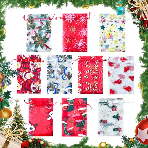 Image of 50PCS Christmas Organza Bags, 4x6 inches Small Christmas Gift Bags with Drawstring, Mesh Bags for Gift