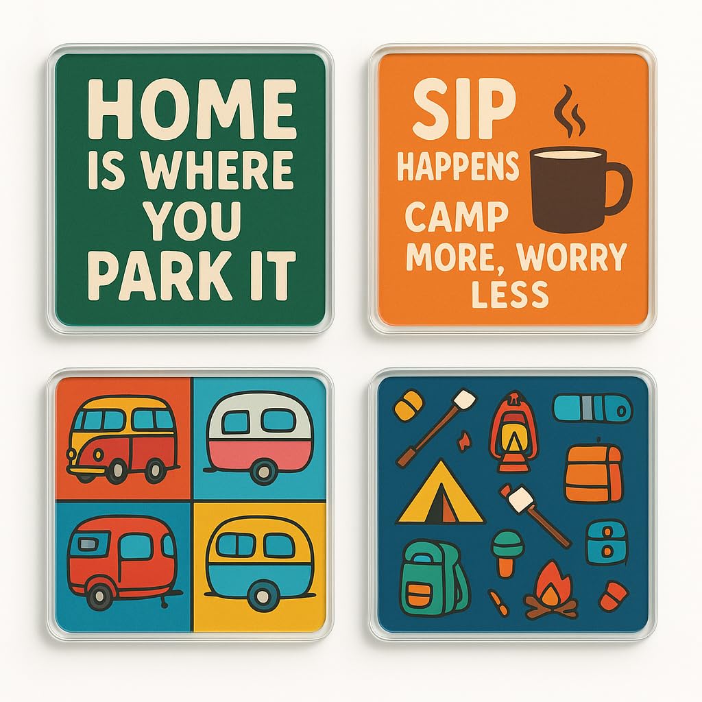 The Plum Penguin Campfire Whimsy Acrylic Coaster Gift Set Of 4 With Designs - Fun Camping Decor For Caravan Lovers & Adventurers