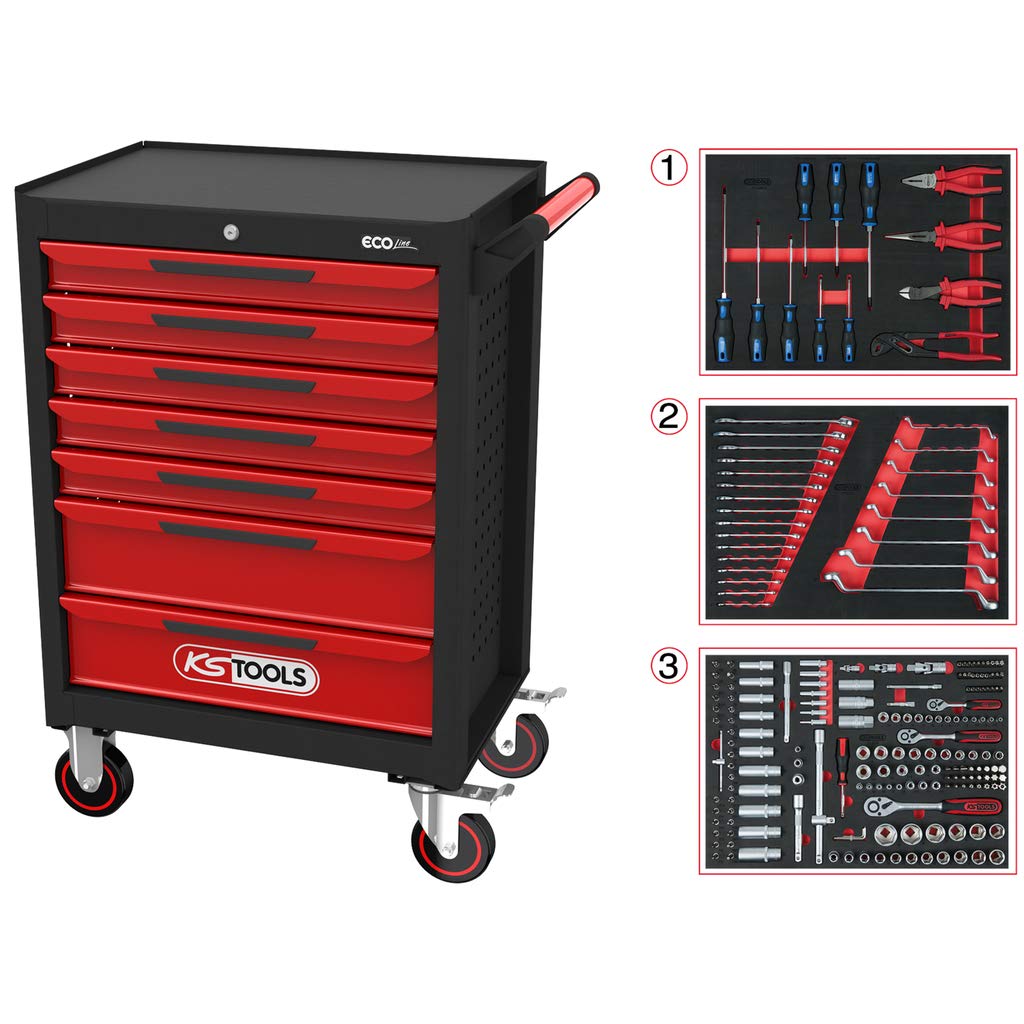KS Tools Carro de taller ECOline NEGRO/ROJO 7 cajones 215 pzas herramientas de