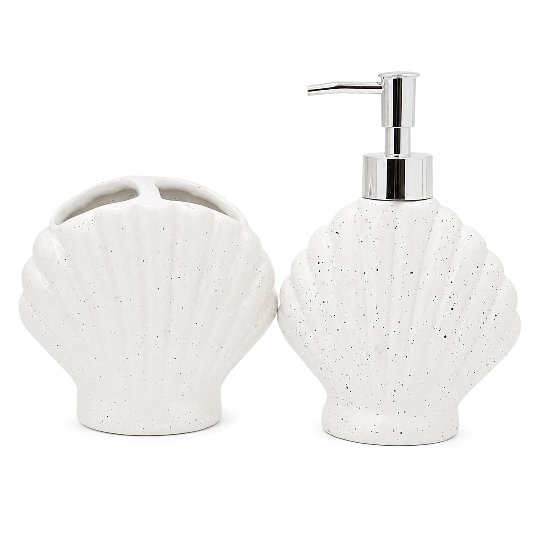 Carousel Home White Shell Toothbrush Holder And Soap Dispenser Set, Bathroom Accessory Set