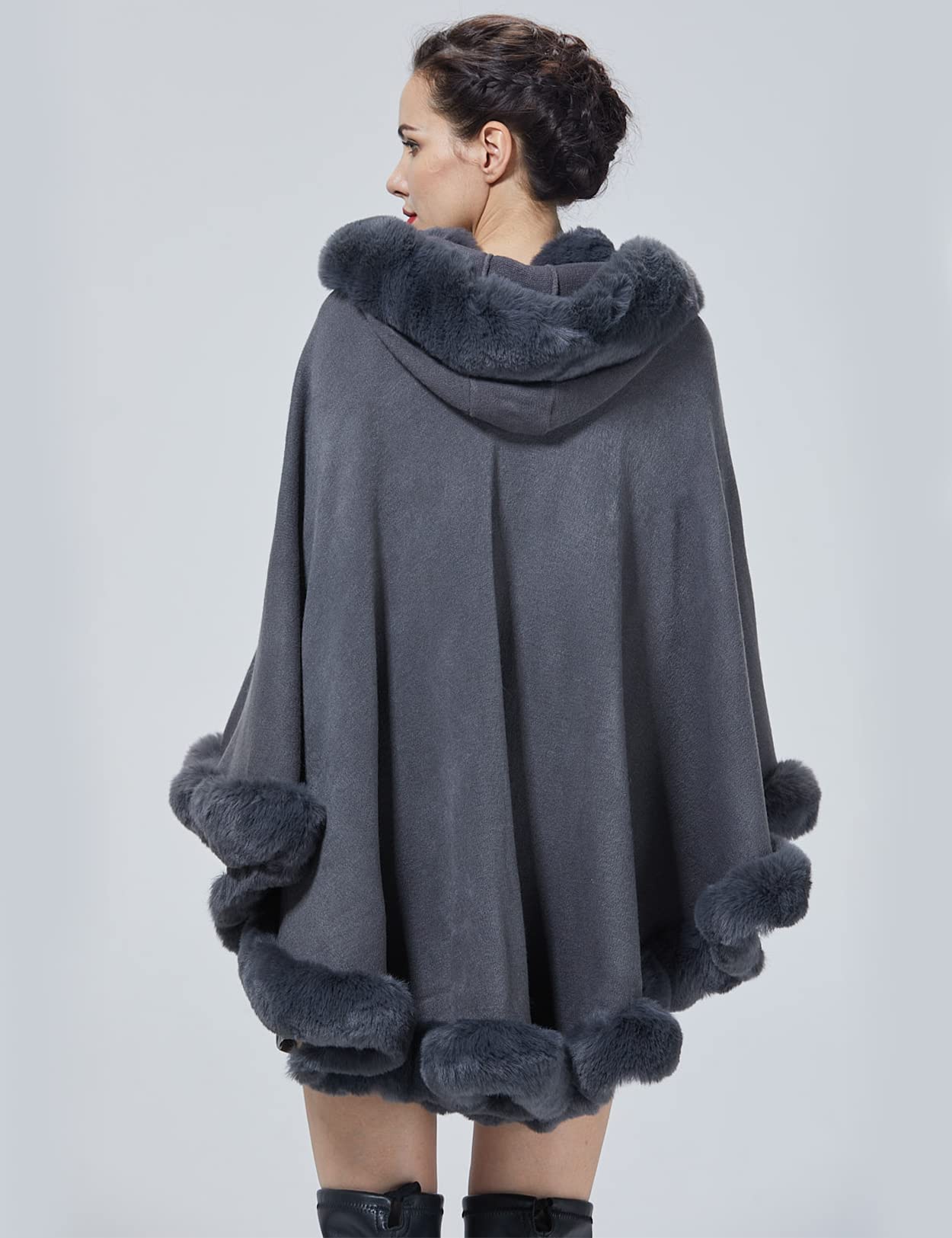 SUFCOMOU Poncho Hooded Shawl Wrap Women Cape Winter Faux Fur Trim Coat Sleeveless Cardigan Dressy Cloak for Party: One Size Grey