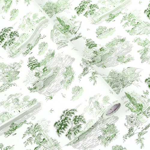Ywdbzjhs 1 Roll Vantage French Toile Wrapping Paper Roll - Mini Roll - 17 In x 33 Ft - Countryside Horses Bridges and Trees Village Toile Gift Wrap Paper for Birthday Wedding Party Supplies (Retro) (Green)