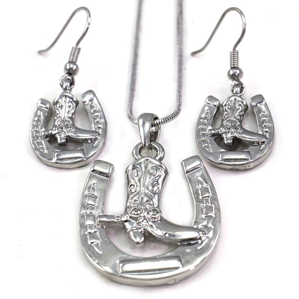 SoulbreezecollectionHorseshoe Horse Shoe Cowboy Boots Pendant Necklace & Earrings 2-piece Set Fashion Jewelry