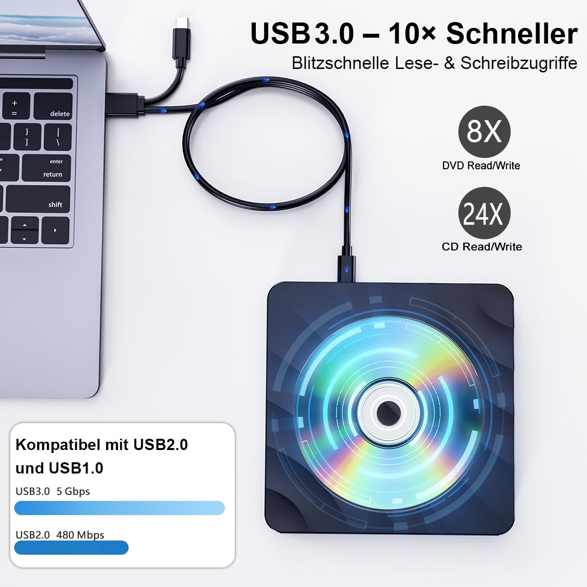 Lettore CD DVD Esterno per PC: Masterizzatore DVD Esterno per PC Portatile per CD/DVD +/-RW, Lettore CD USB 3.0 Compatibile con Windows 11/10/8/7/XP/Vista, Linux, Mac OS, Computer Portatile, Macbook