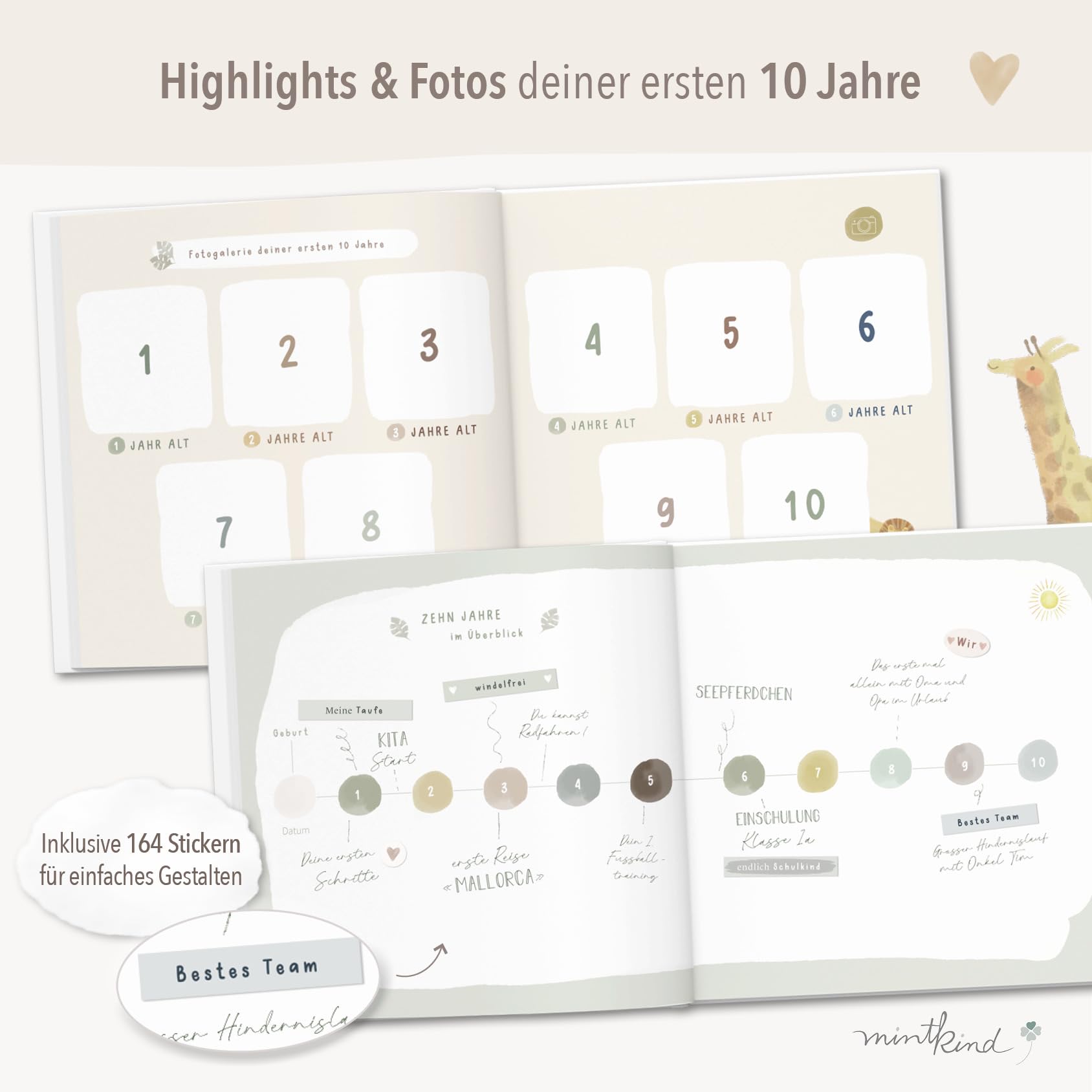 mintkind® Erinnerungsalbum Kindheit Salbei, Babybuch mit Sticker Set, Geschenk zur Geburt, Fotoalbum Kinder, Tagebuch zum Eintragen, Erinnerungsbuch 0–10 Jahre, Hardcover Album