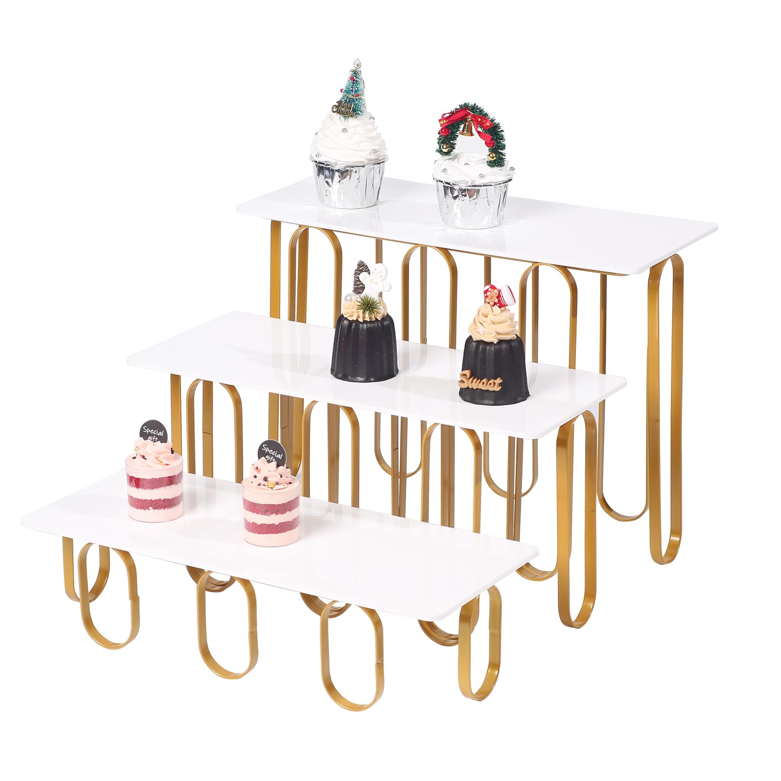 AIJIDIWO 15 in 3 Tier Serving Tray Stand, White Acrylic Trays with Gold Painted Iron Rack, Rectangular Dessert Table Display for Cupcakes, Appetizers, Fruit, Buffet and Parties