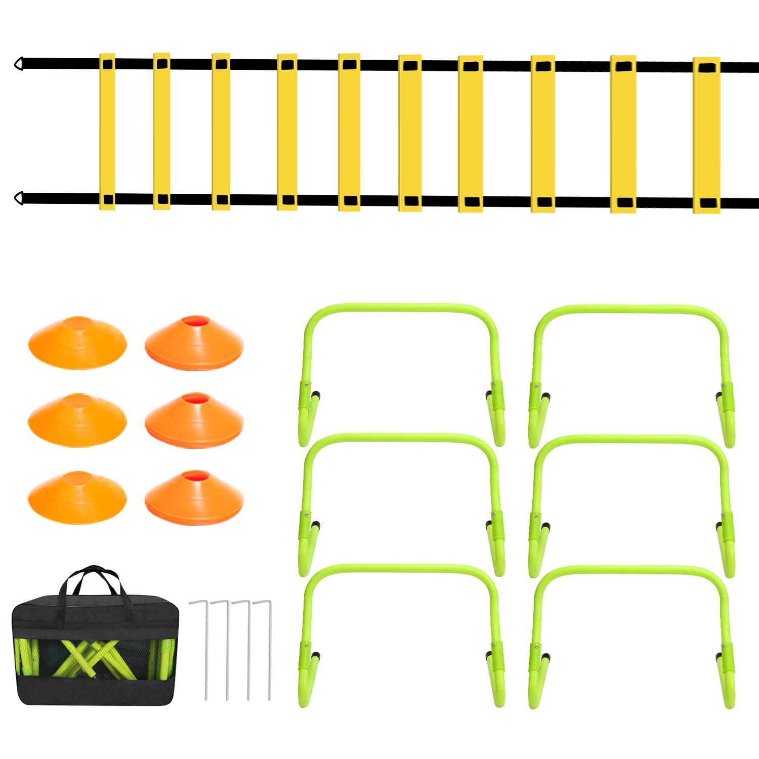 Accessoires d'entraînement de football, échelle d'agilité avec 12 cônes de marquage, 6 obstacles réglables, 4 poteaux en acier et sac de transport, kit d'entraînement de football idéal