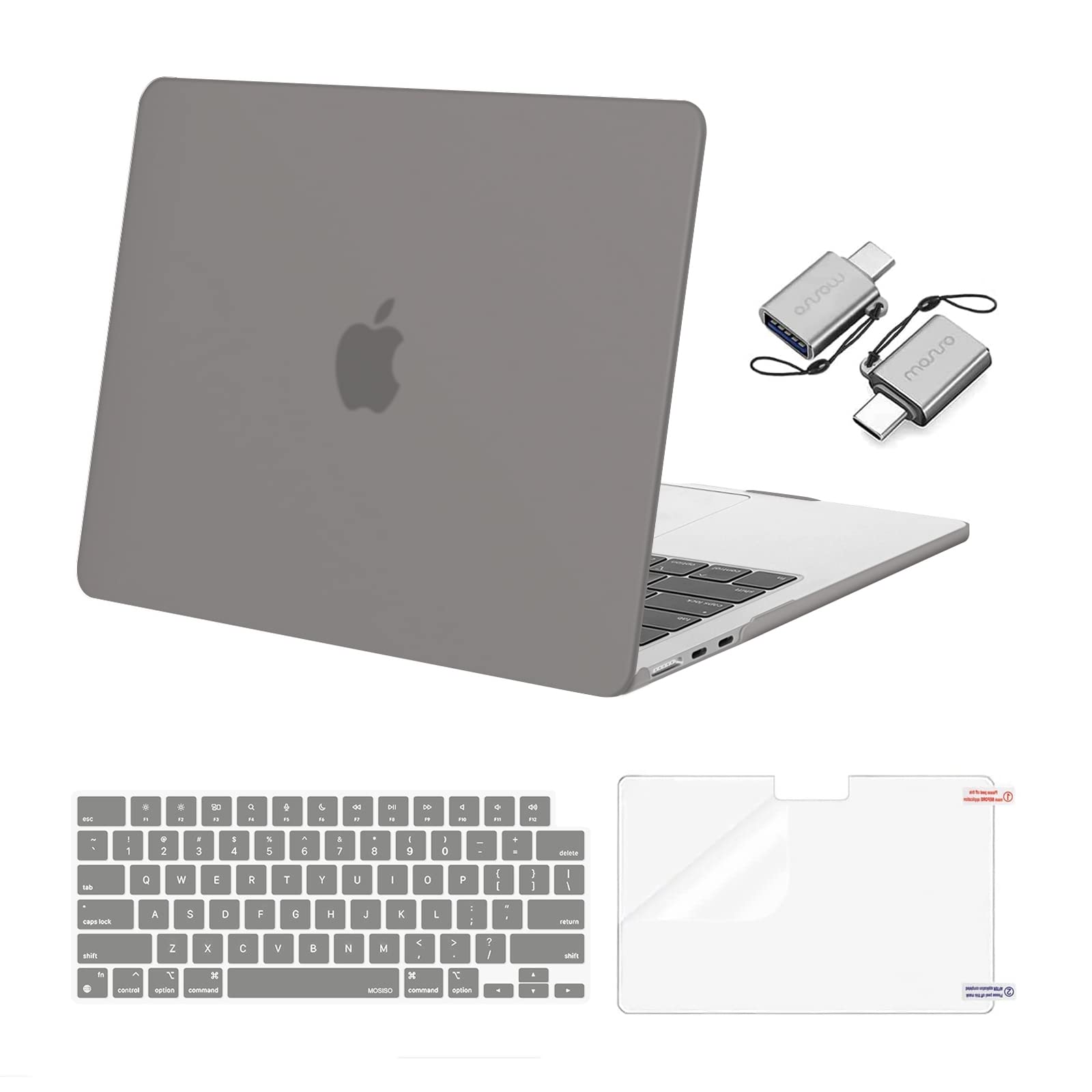 MOSISO Compatible with MacBook Air 13 inch Case 2024 2023 2022 M3 A3113 M2 A2681 Touch ID, Plastic Hard Shell&Keyboard Cover&Screen Film&Type C Adapter for MacBook Air 13.6 inch Case, Gray