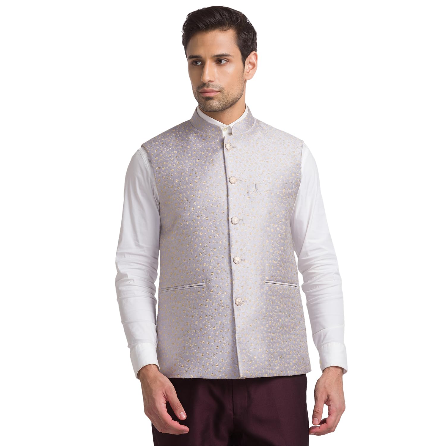Men's Contemporary Fit Terry Rayon Blend Jacquard Pattern Sleeveless Grey Ceremonial Waistcoat-image-38