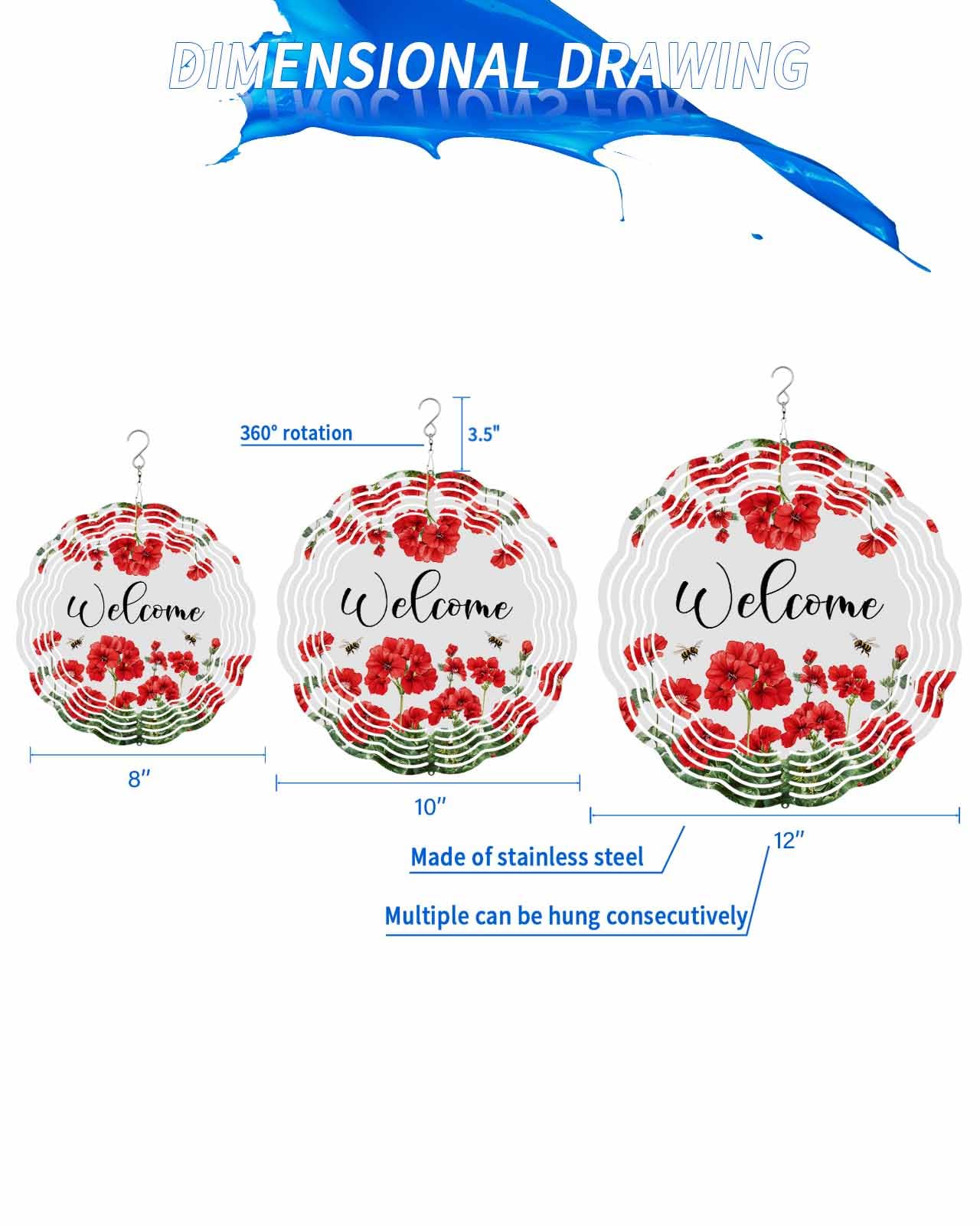 Idyllic Wind Spinners, Red Flowers Green Leaves Hanging Wind Spinners for Yard and Garden 3D Stainless Steel Metal Sculptures Crafts Ornaments 10 Inch