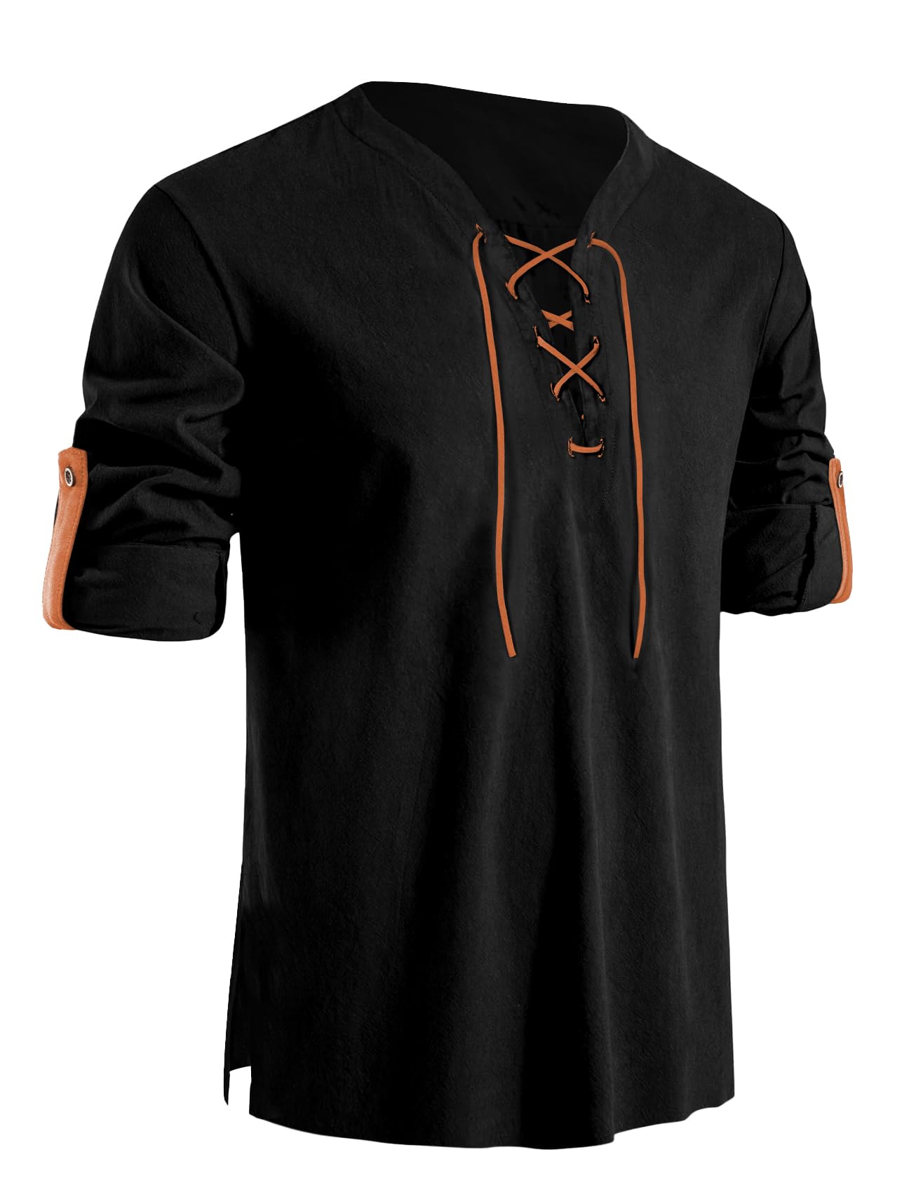 Mens Pure Cotton Shirt Retro Lace Up V-Neck Button Arm Shirts Medieval Viking Pirate Renaissance Costume