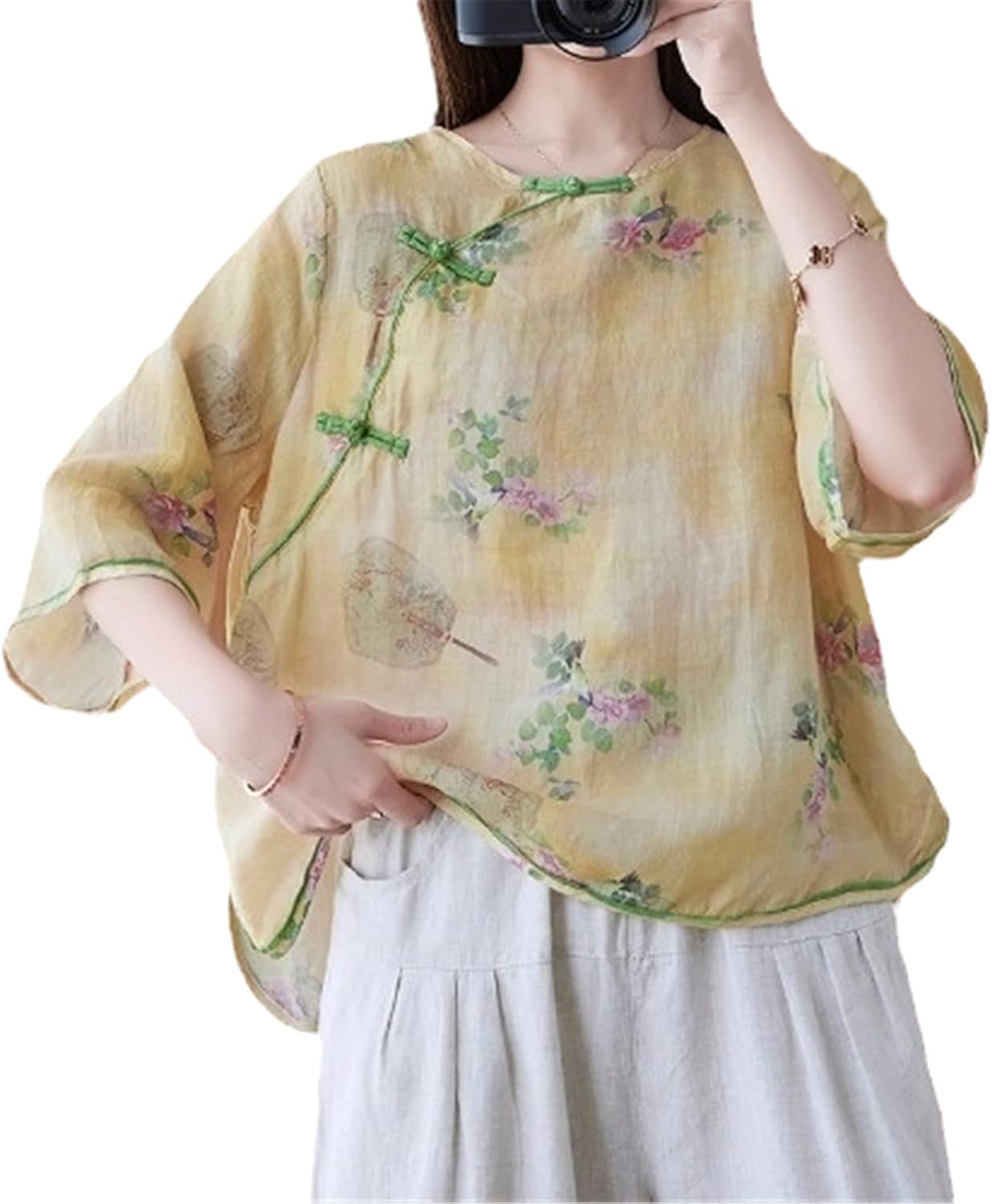 Summer Cotton Linen Print Chinese Blouse Women China Traditional Vintage Loose Ethnic Style Shirt Tang Suit Thin