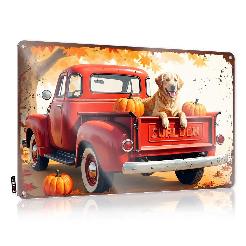 Fzfn Colour Spring Porch Decor Signs Rustic Sweet | Golden Retriever In Vintage Pickup Truck With Autumn Pumpkins Amazing Metal Wall Decor For Scoreboard Home(30X40cm)