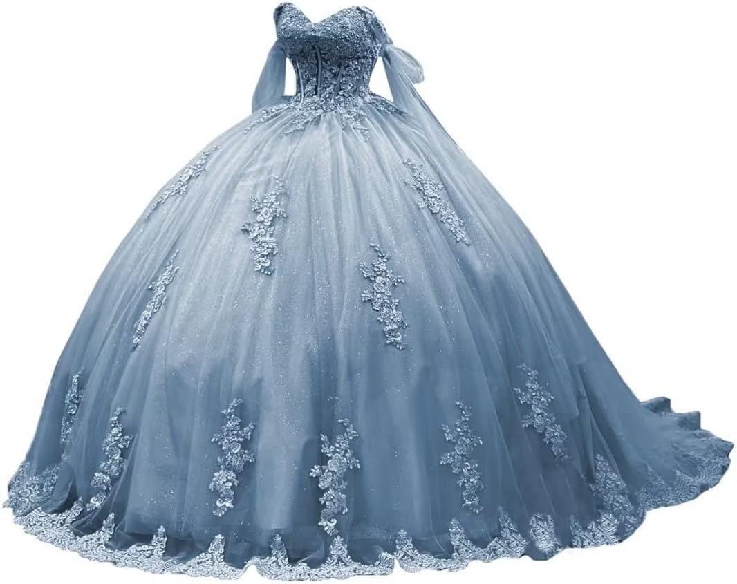 Yifanier Princess Quinceanera Dresses Sweet 16 Quinceanera Dresses Ball Gown Puffy Shiny Dresses Off Shoulder Quinceanera Dresses MT005 Dusty Blue