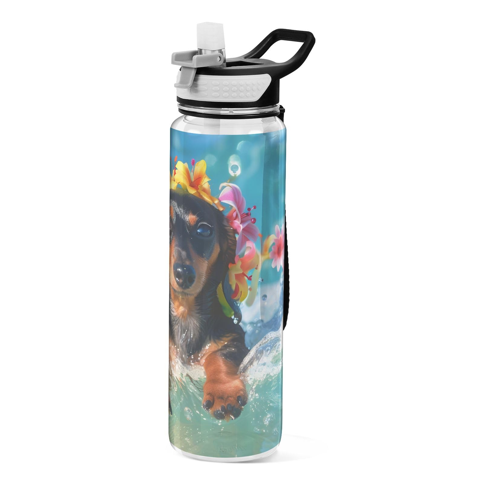 OWFKAY Botella de agua con popote y cubierta antipolvo para cachorros, diseño de perro salchicha que surfea en las olas, botella de Tritan sin BPA para la escuela, fitness, gimnasio, camping, deportes