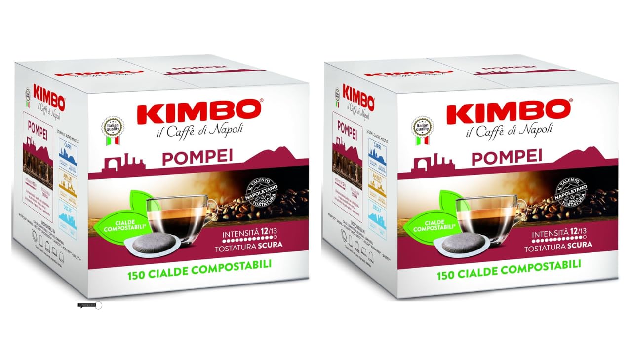 2X KIMBO Pompei Kaffeepads, 150 Cialde Compostabili, Intensität 12/13, Neapolitanischer Espresso,+Italy shop Kostenloser Schlüsselanhänger
