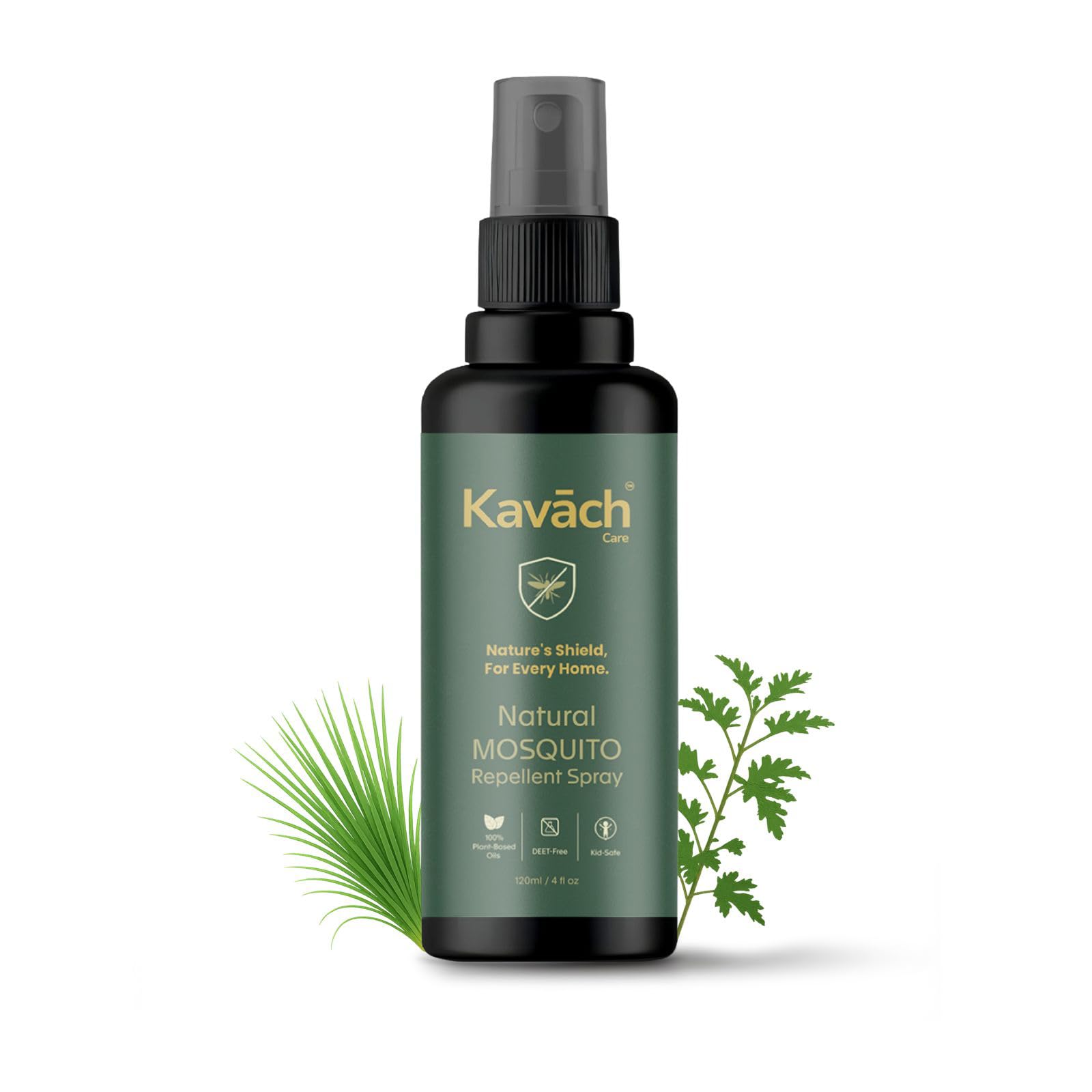 Kavach Care Natural Mosquito Repellent Spray - DEET Free, Plant Based with Citronella & Lemongrass, Safe for Kids & Baby, 8 Hours Protection from Dengue & Malaria, Dermatologically Tested 120ml