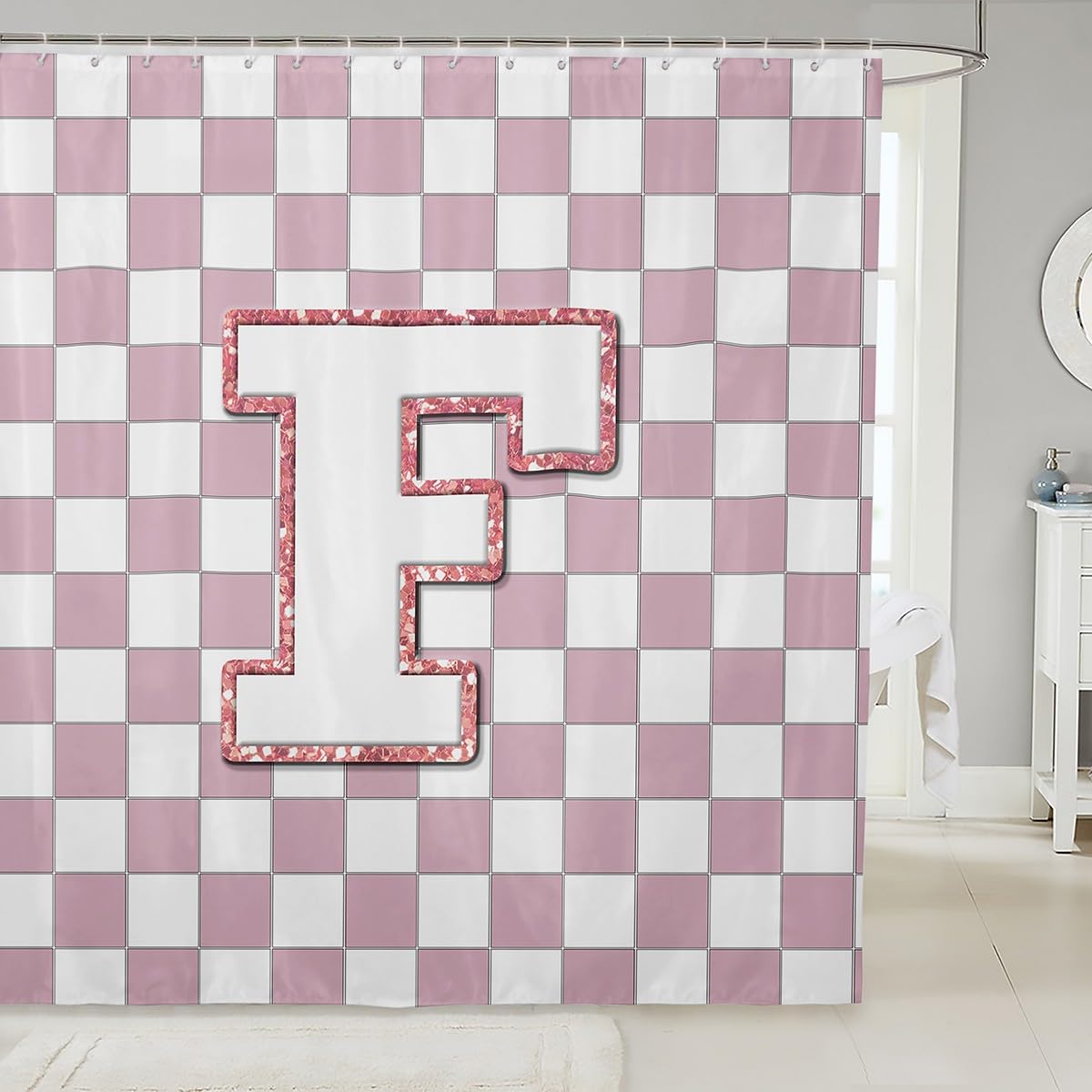 Erosebridal Pink Initial F Bathroom Curtain Kawaii Plaid Checkered Shower Curtain 72" Wx72 L Cute Personalized Monogram Bathroom Accessories for Kids Girls,Fashion Grids Gingham Shower Decor