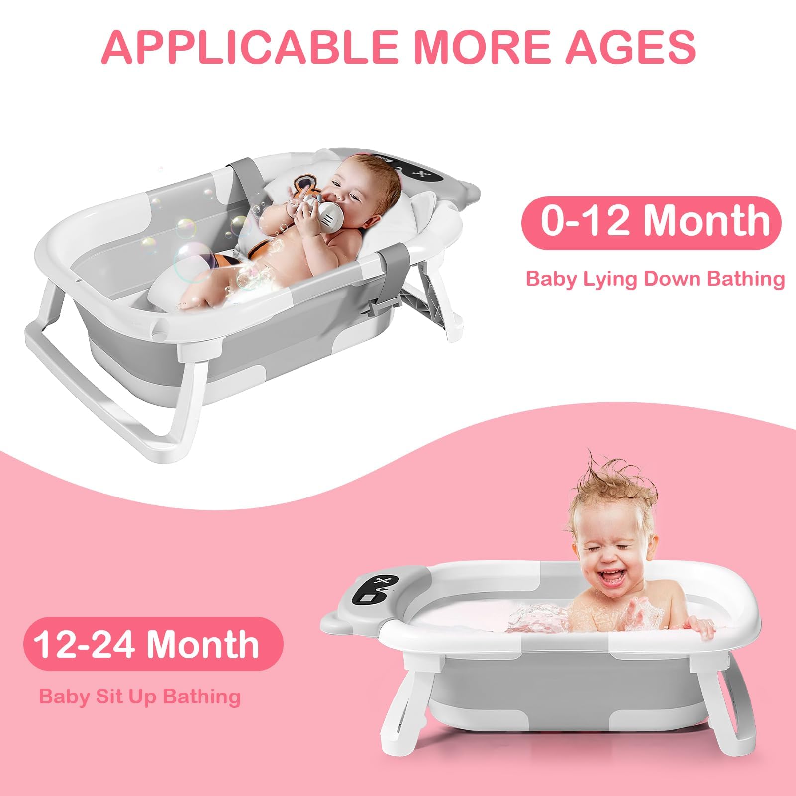 Vaschetta per bagnetto pieghevole scalabile + cuscino da bagno, con termometro, Rosa | Leroy Merlin