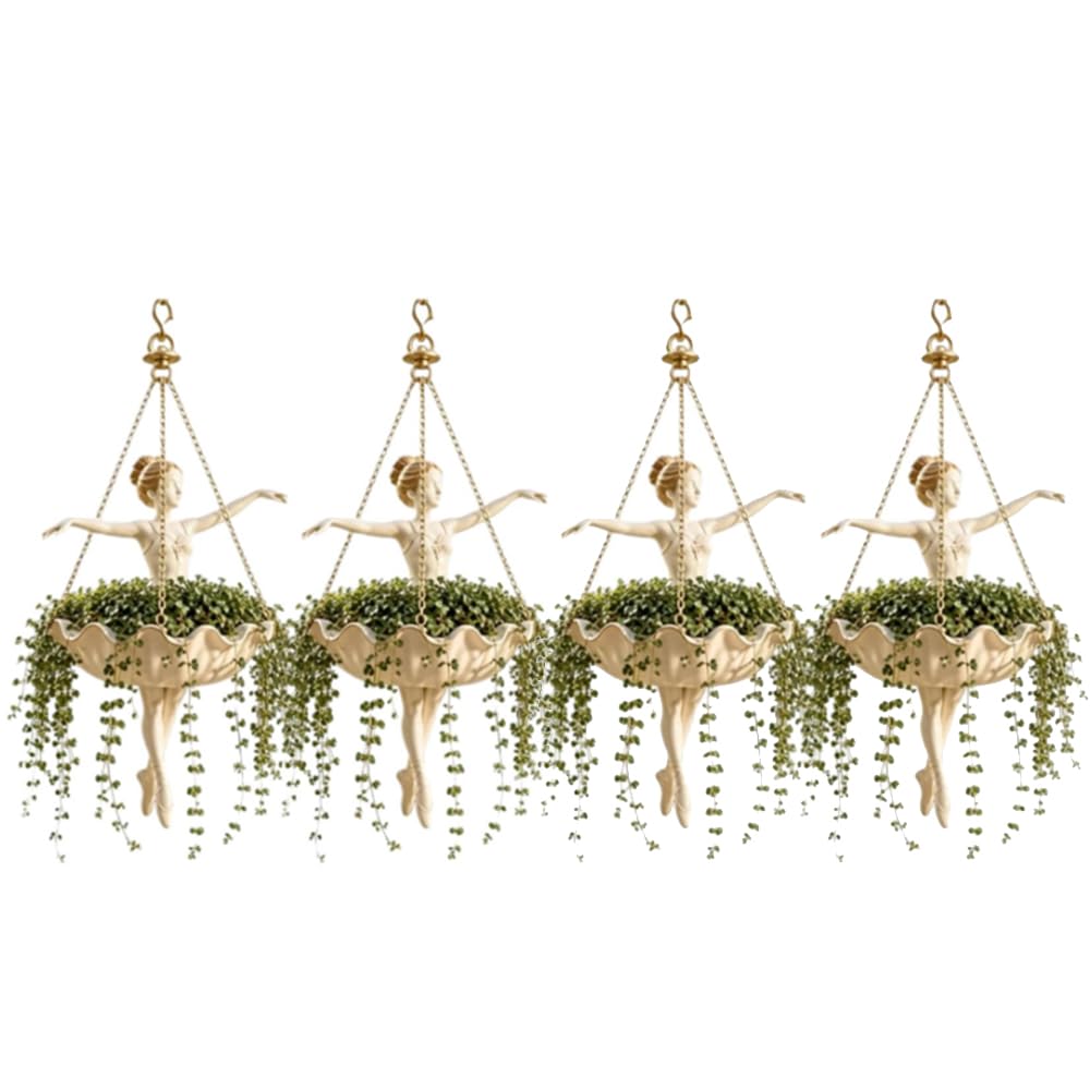 4Pcs Ballet Dancer Resin Hanging Planter Basket with 3 Chains for Indoor