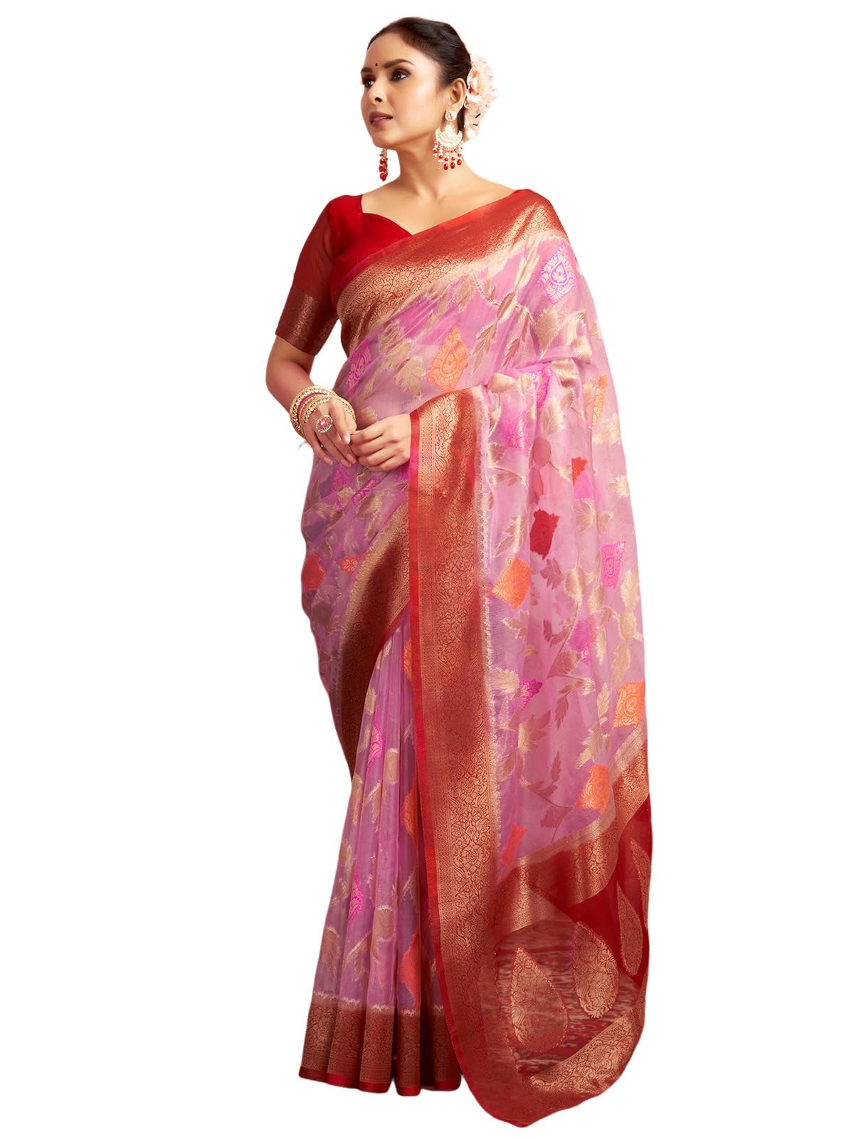 Satrani Women's Organza Banarasi Jacquard Saree With Unstitched Blouse Piece (3926S173N_Light Purple & Red)