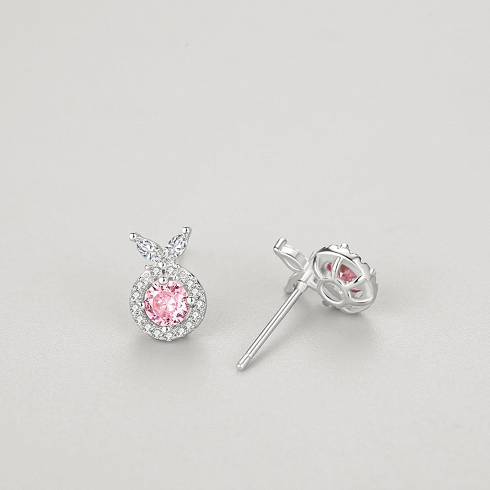 Pendientes de tuerca de oro blanco de 18 quilates para mujer, aretes de tuerca de moissanita de zafiro rosa creado AU750 para ella