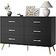 DWVO 6 Drawers Dresser, 59" W Large Chest of Drawers, Retro Wood Rattan Dresser with Large Rattan Drawers, Storage Organizer Unit with Dual Tip-Resistant Kits for Living Room, Black