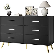 DWVO 6 Drawers Dresser, 59" W Large Chest of Drawers, Retro Wood Rattan Dresser with Large Rattan Drawers, Storage Organizer Unit with Dual Tip-Resistant Kits for Living Room, Black