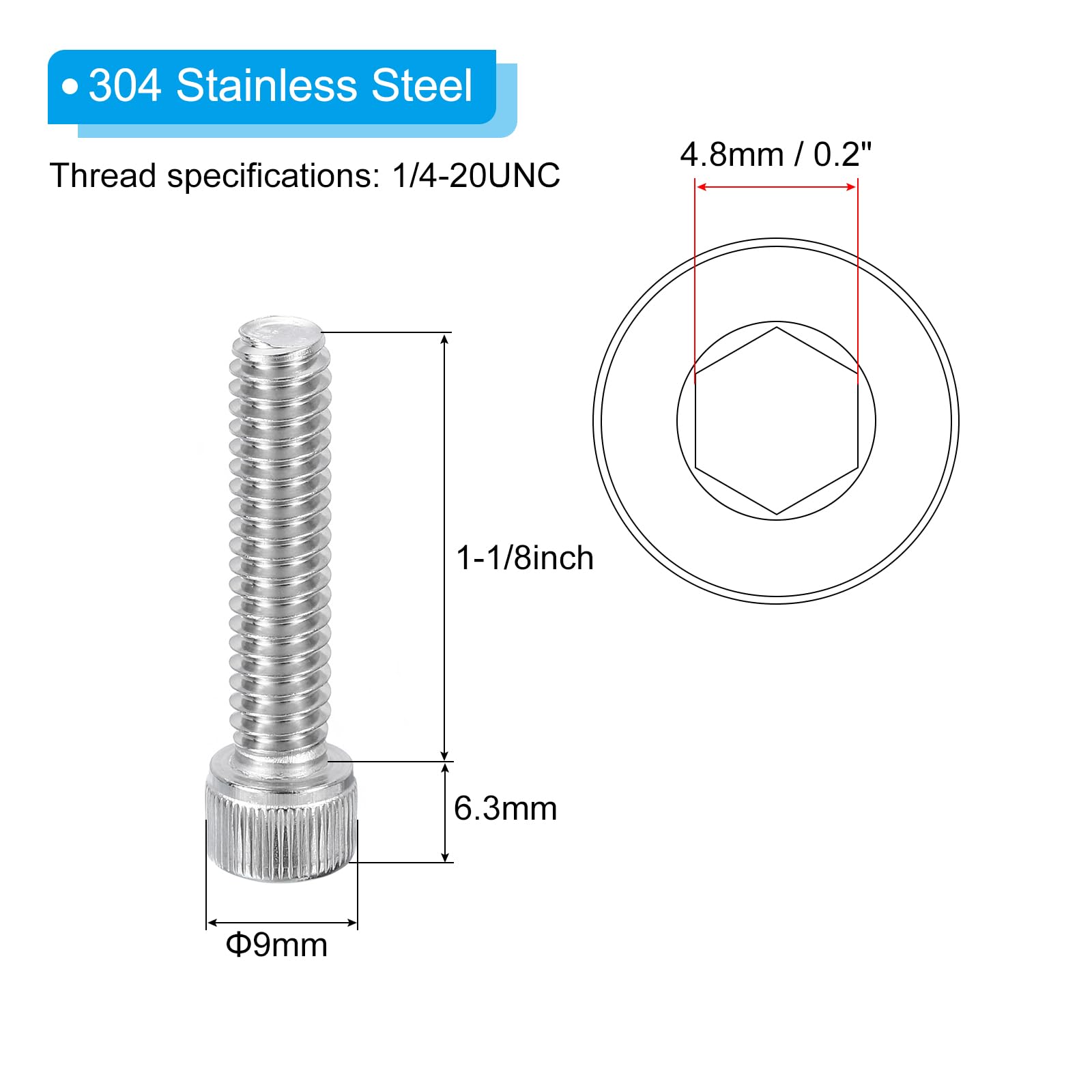PATIKIL 1/4-20 x 1-1/8" Hex Socket Cap Head Screw Bolt, 20Pcs 304 Stainless Steel 18-8 - Image 2
