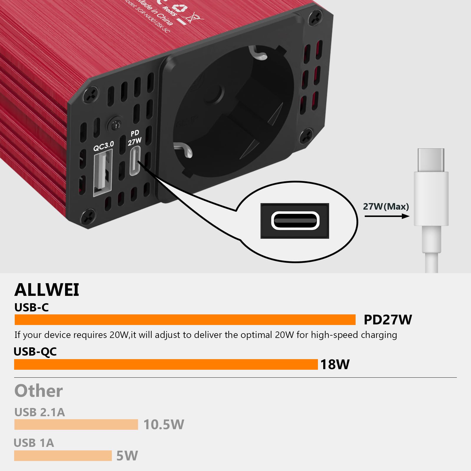 ALLWEI Przetwornica napięcia 300 W, 12 V, 230 V, falownik z przyłączem typu C i USB – do samochodu, przyczepy kempingowej, na kemping, do ładowania telefonów komórkowych, laptopów i innych urządzeń