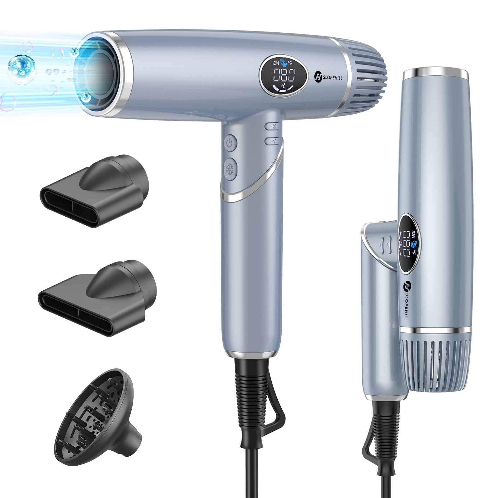 Hair Dryer, slopehill Professional Foldable Blow Dryer, Ionic Hairdryer, High-Speed Blowdryer for Fast Drying, Portable Compact for Travel, Magnetic Diffuser & Nozzle, LCD Display